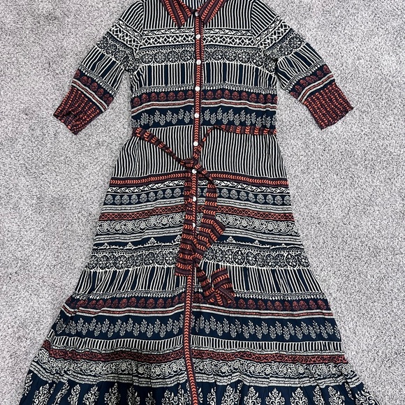 Rubyyaya Noida Maxi Dress Black Red Button Front Collared Full Sleeve Size Small - Picture 5 of 16